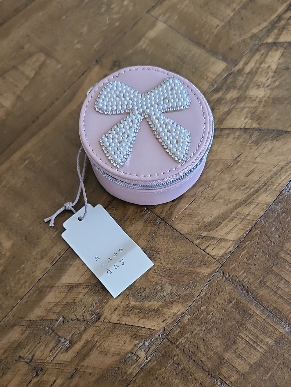 a new day Blush Pink Round Jewelry Case with Pearl Bow